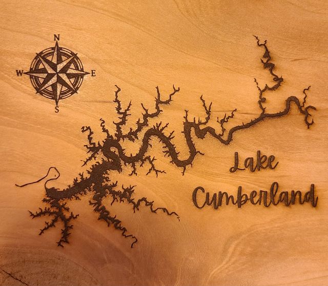 Lake Cumberland map engraved in wood