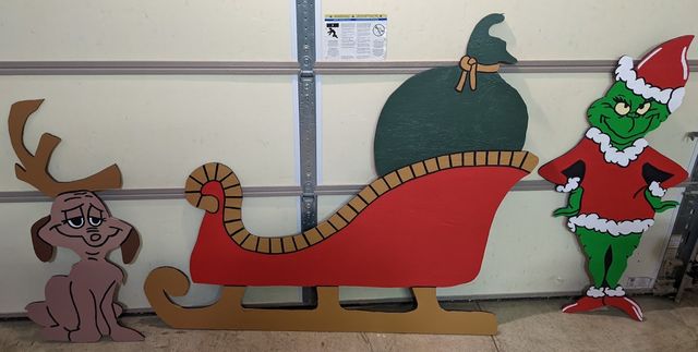 The Grinch, Max and a sleigh, cut from plywood and hand painted