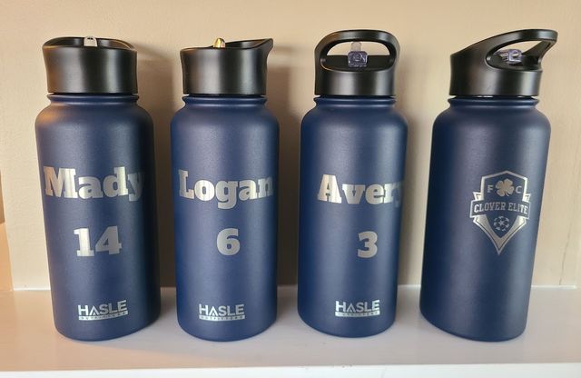Team water bottles with names and numbers