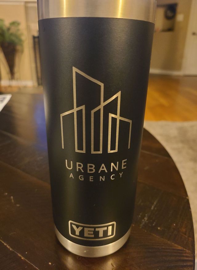 YETI tumbler engraved with a company logo